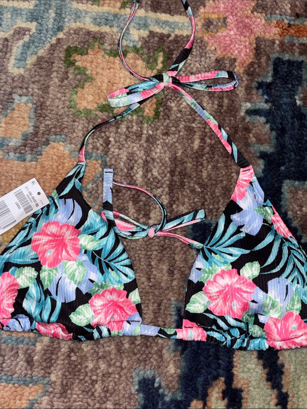 Hollister Triangle Halter Bikini Top - Pink & Blue Tropical Print